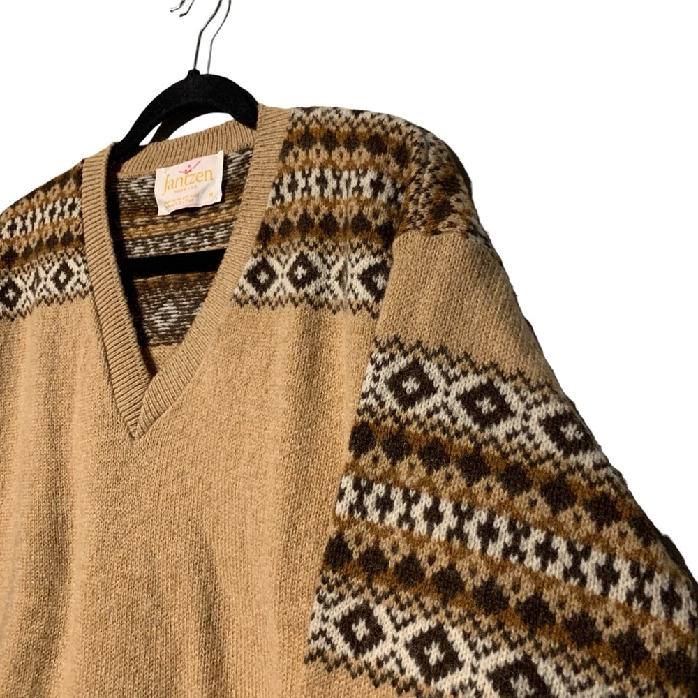 Vintage Jantzen Fair Isle Sweater Tan Brown Grandpa Core V Neck Medium M - Picture 3 of 8
